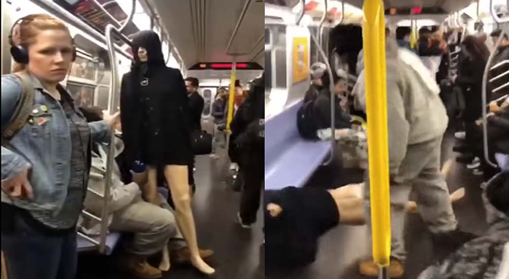 Un loco pega a un maniquí con el que viaja en el metro 18